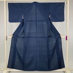 A◇着物くつろぎ 夏物 紫陽花の花 紺色 正絹 小紋 薄物 絽 紗 着物 A