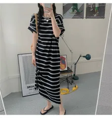 ロングワンピース 半袖 ボーダー レディース Tシャツワンピ クルーネック ワンピース 夏 ロング丈 マキシワンピース スリット入り カジュアル 体型カバー 着痩せ マタニティ ゆったり 肌触り 柔らかい 楽ちん xzjhrkq#