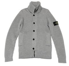 センス抜群！【美品】STONE ISLAND ストーンアイランド ウール100% リブ編み ニット カーディガン S メンズ 上着 グレー  S048