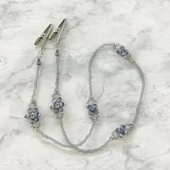 人工キャッツアイ フラワーモチーフ 丸小ビーズ ロング 帽子クリップ ハットクリップ グレー シルバー 51㎝ No.2039