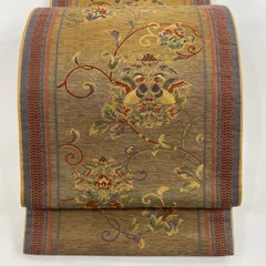 【美品】 袋帯 秀品 向かい鳥 花唐草 箔 金糸 黄土色 六通 正絹 【中古】