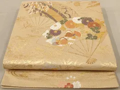 平和屋着物◎綴れ　太鼓柄袋帯　扇面花鳥文　金糸　正絹　逸品　AAAZ0832dt