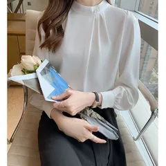 ＊スタンドカラーパールブラウス トップス 重ね着 透け感 インナー レイヤード ハイネック チュールトップス メッシュブラウス シャツ 長袖 ター