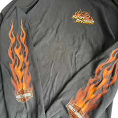 00s ハーレーダビッドソン 長袖 Tシャツ 袖プリント ファイヤー フレーム フレイム Harley-Davidson バイク Biker バイカー ロングTシャツ ロンT L/S