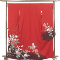 振袖 着物 身丈169cm 裄67cm 前幅24.5cm 後幅30.5cm 袖丈110cm 袖幅34.5cm レディース 袷 花柄 裄長 裄Lサイズ 秋冬春用 正絹（シルク）赤地 トールサイズ 美品 リサイクル リメイク リユース【呉服のきくや】