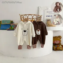ベビーロンパース 秋冬 ベビー服 ロンパース フード付きパンダ柄 秋 冬 もこもこ ベビー 耳付き 可愛い オールインワン 赤ちゃん 男の子 女の子 新生児 暖かい 防寒対策 くま 着せ替え便利 ベージュ 韓国風 撮影 誕生日 出産祝い プレゼント