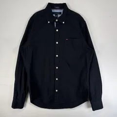 古着 トミーヒルフィガー TOMMY HILFIGER 長袖シャツ ロゴ 刺繍 ボタンダウン 胸ポケ S  ブラック 無地 メンズ