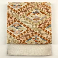 リユース帯 八寸名古屋帯 銀 セミフォーマル 織り 金糸 銀糸 向かい鶴菱文様 絹 未洗い MS4157