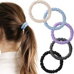 IRIYULI シルク ヘアゴム 5個セット 100%天然シルク 6A級 摩擦軽減 静電気防止 髪に優しい 跡がつかない 髪ゴム 高弾性 シュシュ おしゃれ 大人 女性 誕生日 ギフト (ブラック＊ダークグレー＊ディープパープル＊ミントブル