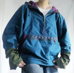 90年代 L.L.Bean エルエルビーン アノラックパーカー ハーフジップ ナイロンジャケット マルチカラー 青緑 メンズ M 古着 ヴィンテージ