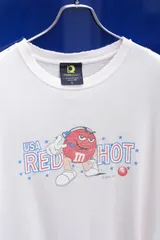 M&M’s USA RED HOT プリントTシャツ レッド フェードピンク クラックプリント L USA製 ヴィンテージ