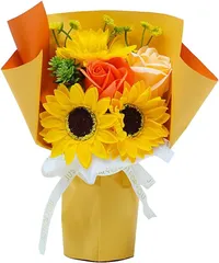 スタンディングブーケ 向日葵 ソープフラワー 石鹸のお花 自立可能 プレゼント ギフト (S, オレンジ（ひまわり＆ローズ）)