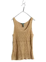 【お得なクーポン配布中!】 00s LAUREN ラルフローレン サマー ニット ベスト L 古着 オールド タンクトップ ノースリーブ コットン リネン かぎ針編み シースルー 茶