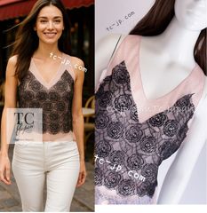 シャネル トップス CHANEL ピンク ブラック カメリア レース コットン カール・ラガーフェルド作品 超美品 38