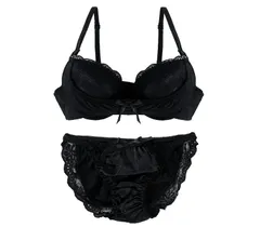 Moca＆Bunny ブラック E85 レディース ブラ ブラジャー ショーツ 上下 セット 下着 女性 女性下着 ブラジャーショーツセット ブラショーツセット 3/4 カップ セクシー サテン レース 勝負 大きい下着 下着大きいサ [ブラック] [E85]