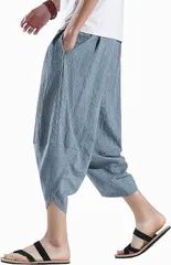 メンズ サルエルパンツ ワイドパンツ ズボン 夏用 7分丈 ストライプ テーパードパンツ アラジンパンツ 大きいサイズ 人気 ボトムス 綿麻 リネンパンツ 涼しい ぱんつ 春 夏qianyi02