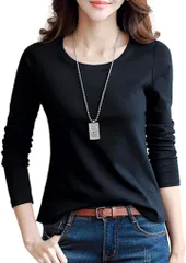 Nestkanina カットソー 長袖 クルーネック おしゃれ ニット きれいめ インナー 無地 丸首 トップス Tシャツ ロンT ストレッチ スリム タイト 上品 着やせ レディース TSHT045( ブラック,  L)