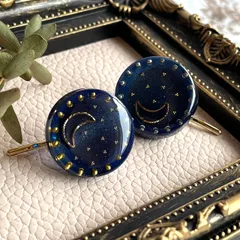 三日月星空ポニーフック＊Galaxy Night〜夜空のきらめき〜　ヘアアクセサリー　髪留め　まとめ髪　ハンドメイド