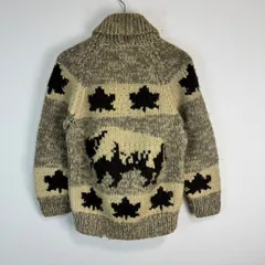 90s カウチンセーター ベージュ アースカラー ジップアップ カーディガン メープル柄 総柄  古着 カジュアル カナダ製　アメカジ