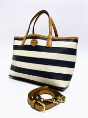 トリーバーチ　ボーダー　PVC 2way 脱着式ポーチ　モノトーン　白紺　dカン