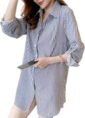 bubu o_hana(ブブ オーハナ) シャツ ブラウス ストライプ 長袖 ワイシャツ カッターシャツ 長め レディース レギュラー カラー 襟付き トップス Yシャツ ボタン(ホワイトブルー,  M)