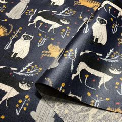 エモエモ　ラミネート生地（綿麻キャンバスねこ）ネイビー　50ｃｍカットクロス