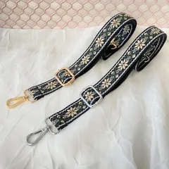 ショルダーベルト 単品 チロリアン（ベージュ×黒）細め　花柄刺繍 ショルダーストラップ　バッグ肩紐　民族柄　幾何学模様