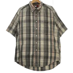 90'S TOMMY HILFIGER 90年代 トミーヒルフィガー 半袖 シャツ ヴィンテージ チェック ボタンダウン オーバーサイズ ビッグサイズ ワンポイント刺繡 TAIWAN製 Lサイズ グリーン ベージュ