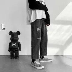 [L]メンズ ファッション 服 男性用 オシャレ シンプル 大人 かっこいい 大きいサイズ ストリート 紳士服 レトロ ブラック グレー リップドロー エッジ ジーンズ ストレート レッグ アメリカン ウォッシュ 加工 ダメージ カジュアル 九分丈 パンツ 