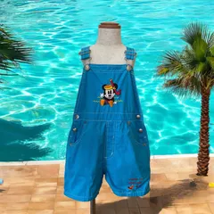 KIDS【サイズ4T】THE Disney STORE ディズニーストア　ショートオール　オーバーオール　ミッキー　刺繍　ブルー　水色