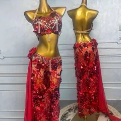 新品未使用 ベリーダンス オリエンタル衣装 薔薇 レッド ブラ スカート オーダーメイド レッド