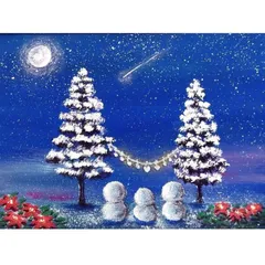 ポインセチアが咲く夜　A4フレーム入り　原画　満月　流星　ツリー　雪だるまの祈り　フォローで10%オフ♪