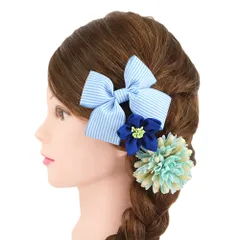 髪飾り 成人式 つまみ細工 振袖 前撮り 袴 リボン 3点セット 青 ネイビー 紺 白 ゴールド ちりめん 縞 ストライプ ボーダー か No.9-5121