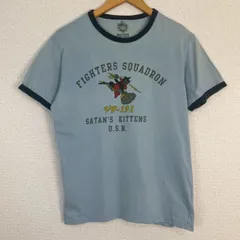 HOUSTON ヒューストン リンガーTシャツ ミリタリープリント キャラクタープリント 半袖 ブルー Mサイズ メンズ 古着 ストリート アメカジ
