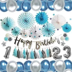 ブルー deerzon 誕生日 飾り付け ペーパーファン バルーン タッセル ガーランド 男の子 女の子 1歳 2歳 3歳 風船 (ブルー)