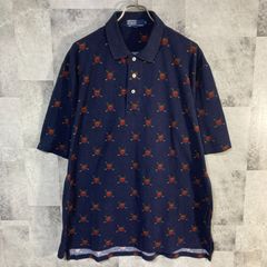 USA製 POLO by Ralph Lauren 半袖ポロシャツ 総柄 鹿の子 ネイビー XL