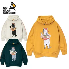 新品 ゴースローキャラバン go slow caravan 長袖 裏毛 パーカー フーディー プルオーバー 空紡糸裏毛 中華そば ラーメン 猫 ネコ ねこ ユニセックス メンズ レディース アイボリー イエロー グリーン