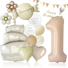 【新品】 deerzon くすみベージュ 1歳 くすみカラー 数字 バルーン 誕生日 飾り付け 18点 セット 大きい 65cm 数字バルーン くすみ ニュアンスカラー ナンバーバルーン バースデーバルーン セット1 0