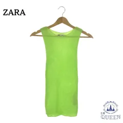 ☆美品☆ ZARA ザラ ノースリーブ サマーニット ひざ丈 ワンピース 派手 ラウンドネック レディース グリーン 蛍光色 イエロー ネオンカラー 無地 S 901-2711 送料無料 古着