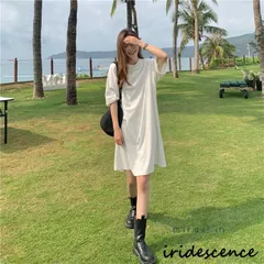 膝丈ワンピース Tシャツワンピース チュニック クルーネック 無地 ゆったり ストレート ロングTシャツ 半袖 レディース 夏服 お出かけ 部屋着 リラックス 30代