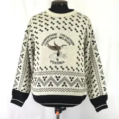 Vintage★ツンドラ/TUNDRA CANADA★カナダ/鳥刺繍/デザインニット/厚手セーター【men's-M（日本L相当)白×黒/総柄】Tops/sweater◆cBH557<sale>のサムネイル
