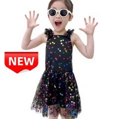 ✨新品✨子供用 キラキラドット柄 ワンピース水着 女の子 チュールスカートスイムウェア キッズ水着 プール 海水浴 温泉 リゾート用 可愛い 黒 カラフルドット 夏休み ビーチウェア 紫外線対策 100 110 120 韓国子供服 おしゃれ水着