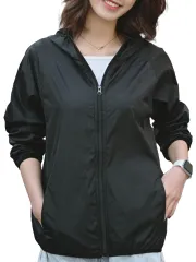 [ブブ オーハナ] ナイロン パーカー シャカシャカ ウインドブレーカー 軽量 フル ジップ アップ ジッパー レディース フード 付き つき 紫外線 UV 対策 防止 ラッシュガード 女性 用 春 夏 秋 冬 服 物 ブラック (L,  [ブラック] [L]