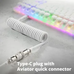 カスタムコイル状USB Cケーブル ゲーミングキーボード用 ダブルスリーブ メカニカルキーボードケーブル 取り外し可能なメタルアビエーター付き 1.5M USB-C - USB-A ホワイト