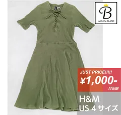 【265】H&M　リブニットワンピース　半袖　モスグリーン　レースアップ　胸元紐　USサイズ4【with B】