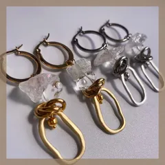【304ステンレス フープ ポスト】 天然石 クォーツ クリスタル 白 ホワイト オーロラ クリア シルバー ゴールド マット サークル メタル フープ ピアス ハンドメイドピアス アレルギー対応 【イヤリング変更可能】