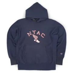 チャンピオン Champion 90s 90年代 リバースウィーブ スウェットパーカー NYAC ウイングフット フーディー USA製 刺繍タグ ヴィンテージ アメリカ 古着 メンズ パーカー ネイビー / 紺 L【中古】