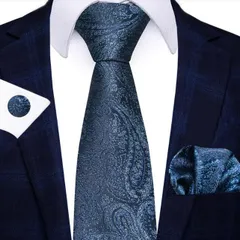 ダークブルー　ペイズリー柄 ネクタイ カフスボタン　ポケットチーフ　3点セット　結婚式　発表会　格安　ビジネス　イベント　パーティー　ダンスパーティー　バーテンダー　メンズネクタイ　ポケットチーフ　セット　七五三祝い　クリスマスパーティー　格安　ネイビー色