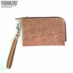 PEANUTS スヌーピー Fレザー(オールコミック)ジップケースキーリング付 ブラウン