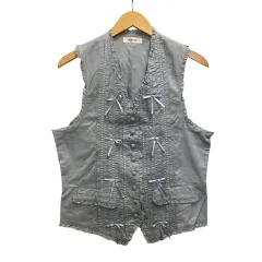 インゲボルグ INGEBORG ベスト ノースリーブ Vネック フリル リボン コットン P0261FJ13 青 ブルー